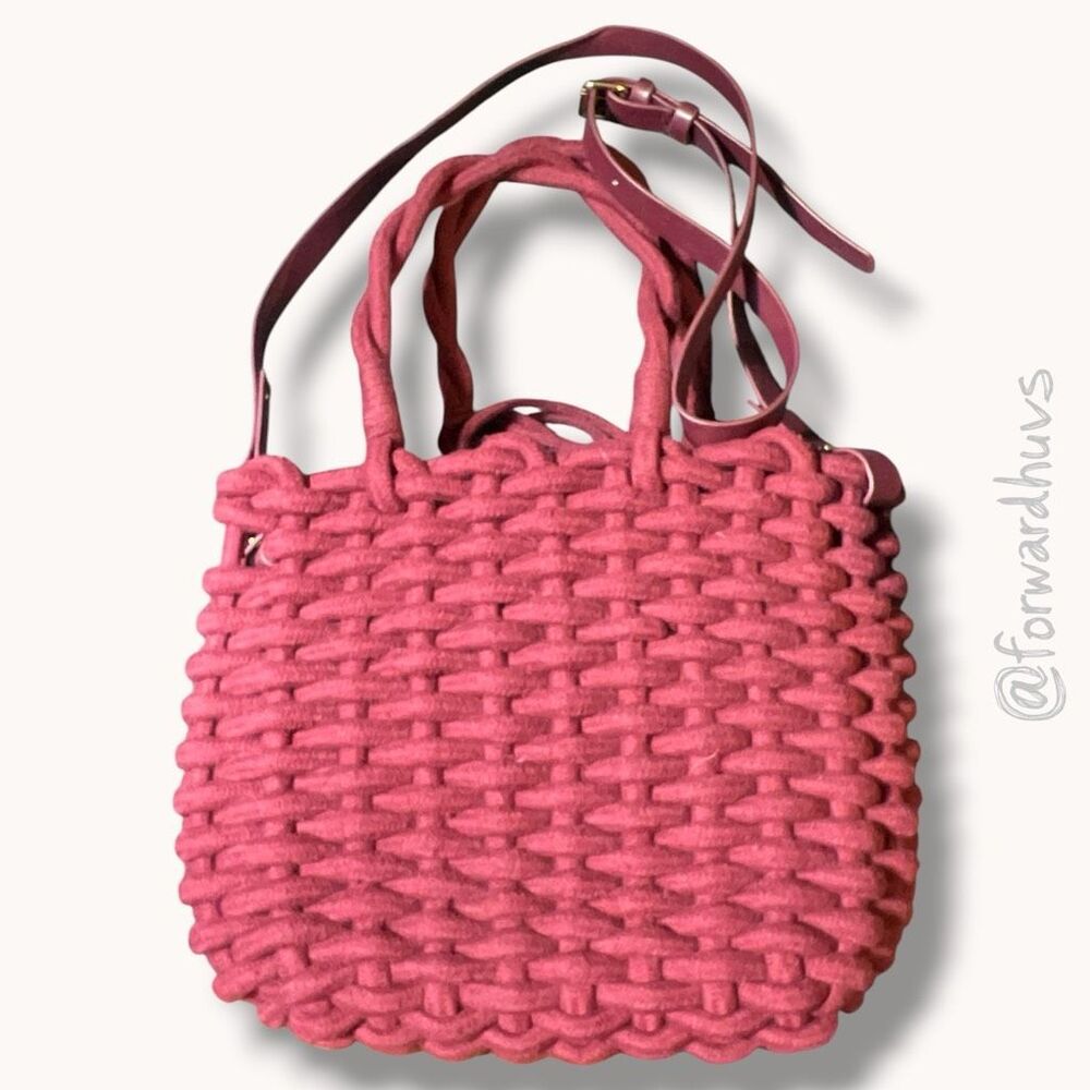 Zara Basic Woven Rope Tote Crossbody Bag Burgundy Drawstring Bucket Purse - Picture 4 of 9